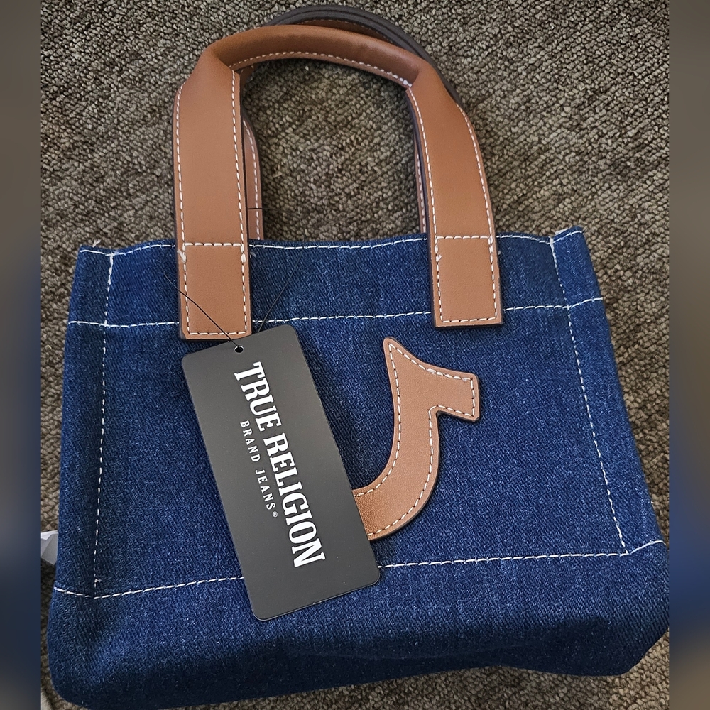 True Religion TR Mini Denim Tote Bag Purse Crossbody Dark Denim